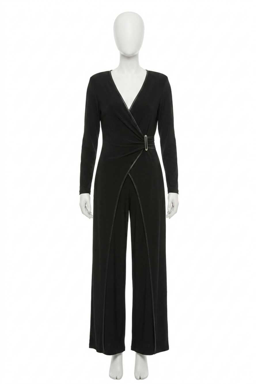 NEW JOSEPH RIBKOFF faux leather trim wrap jumpsuit in black